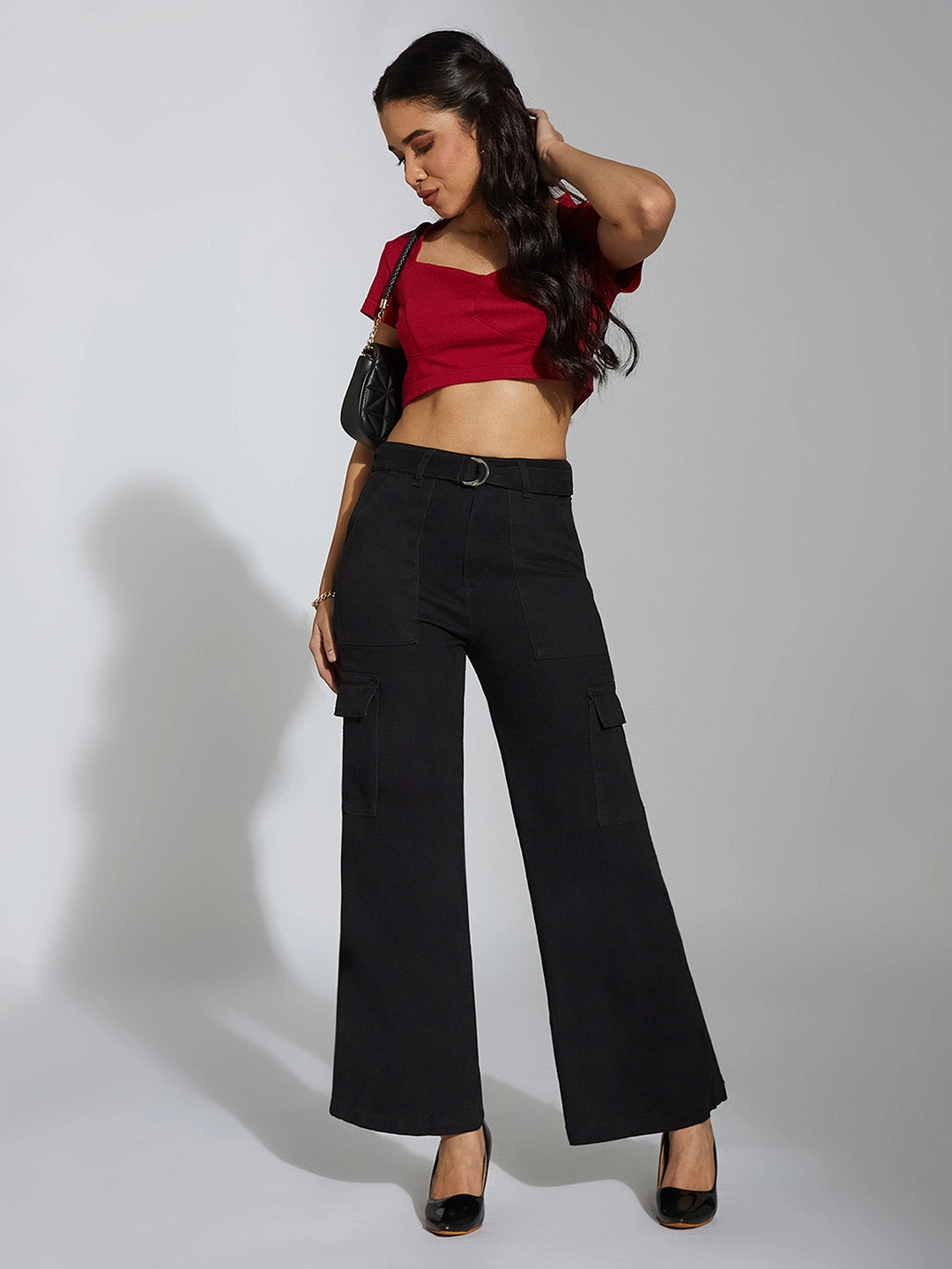 24/7 Comfort Black Wide-Leg High-Rise Stretchable Denim Jeans Rugged Feel