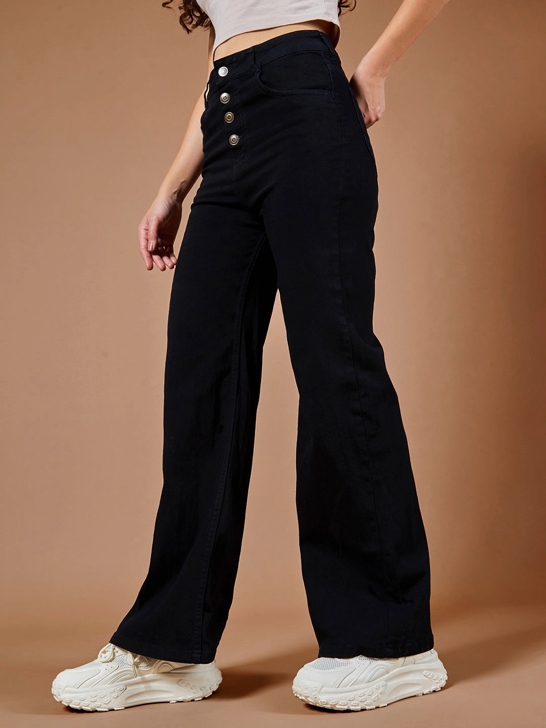 Timeless Fashion Strong Stitch 24/7 Comfort Black Wide-Leg High-Rise Stretchable Denim Jeans