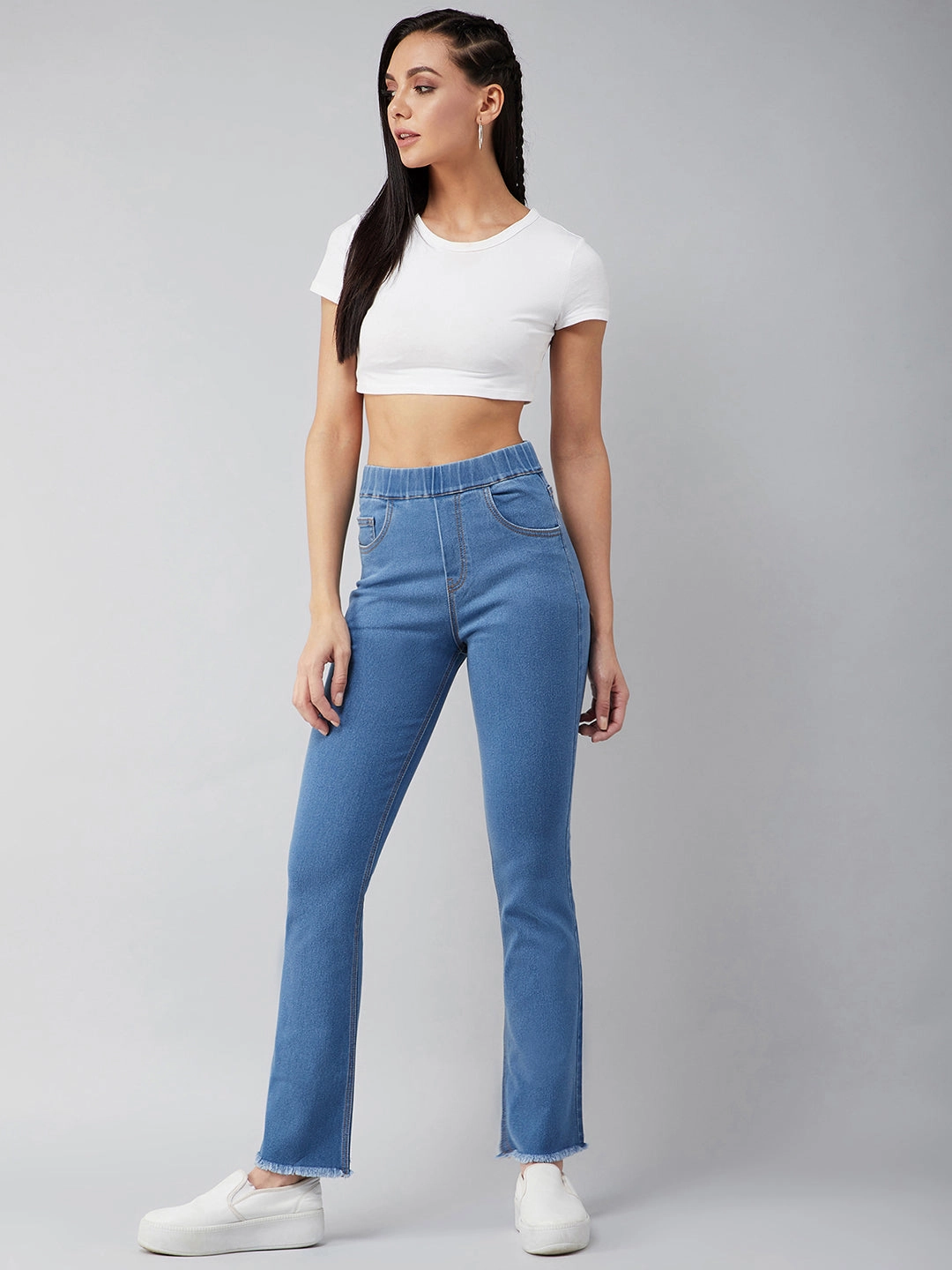 Chill Style Modern Shopping Day 24/7 Comfort Blue Bell-Bottom Semi-Bootcut Hourglass Mid-Rise Stretchable Denim Jeans