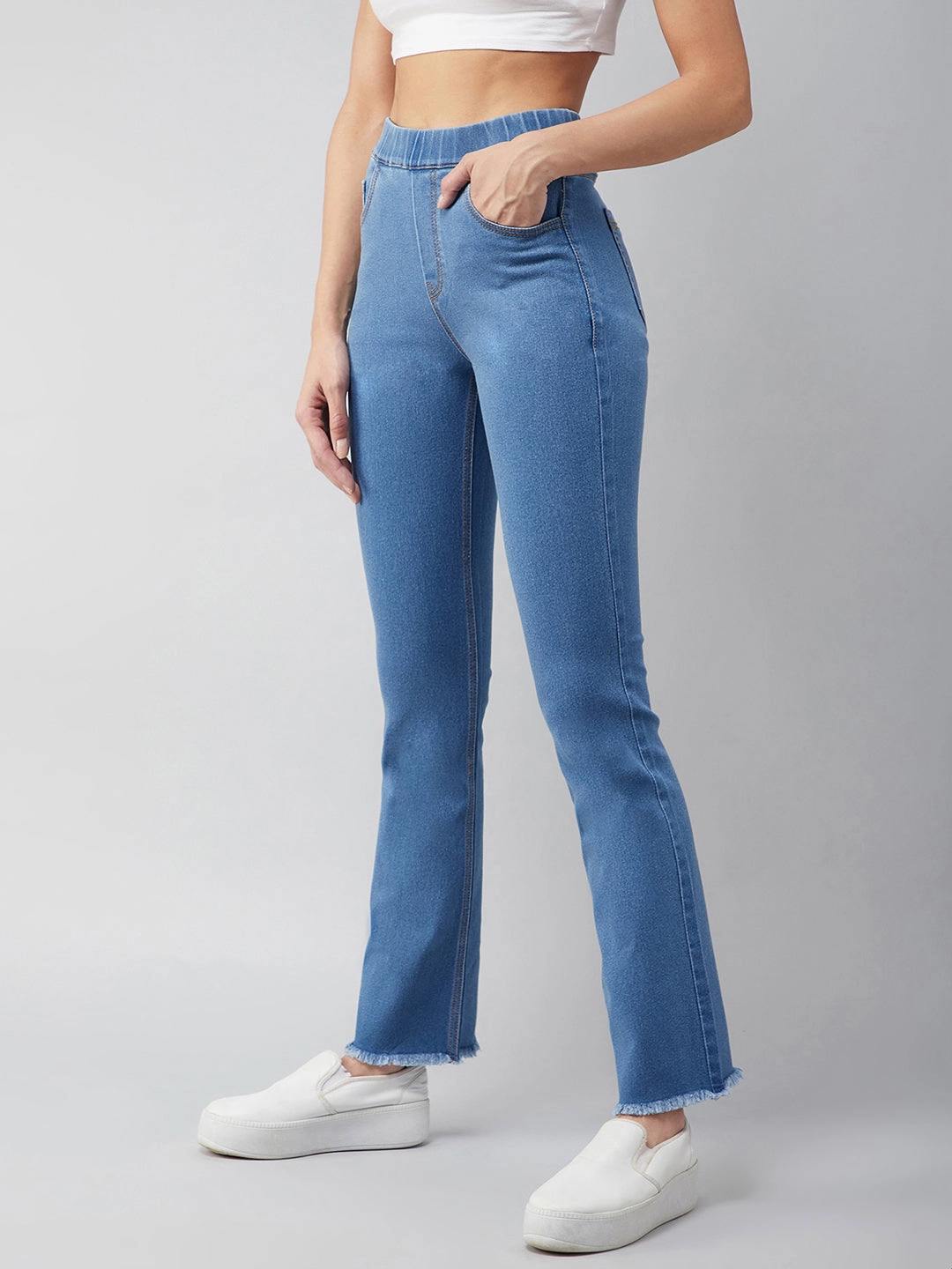 24/7 Comfort Blue Bell-Bottom Semi-Bootcut Hourglass Mid-Rise Stretchable Denim Jeans Comfortable Tailoring Light Stretch