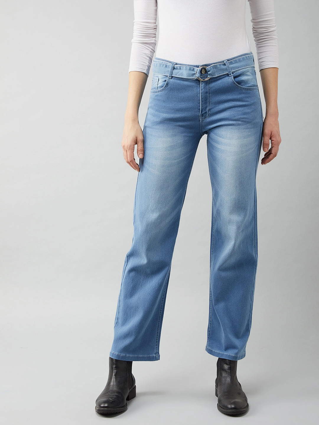 Chic Design Look 24/7 Comfort Blue Cotton Wide-Leg Relaxed Mid-Rise Stretchable Denim Jeans