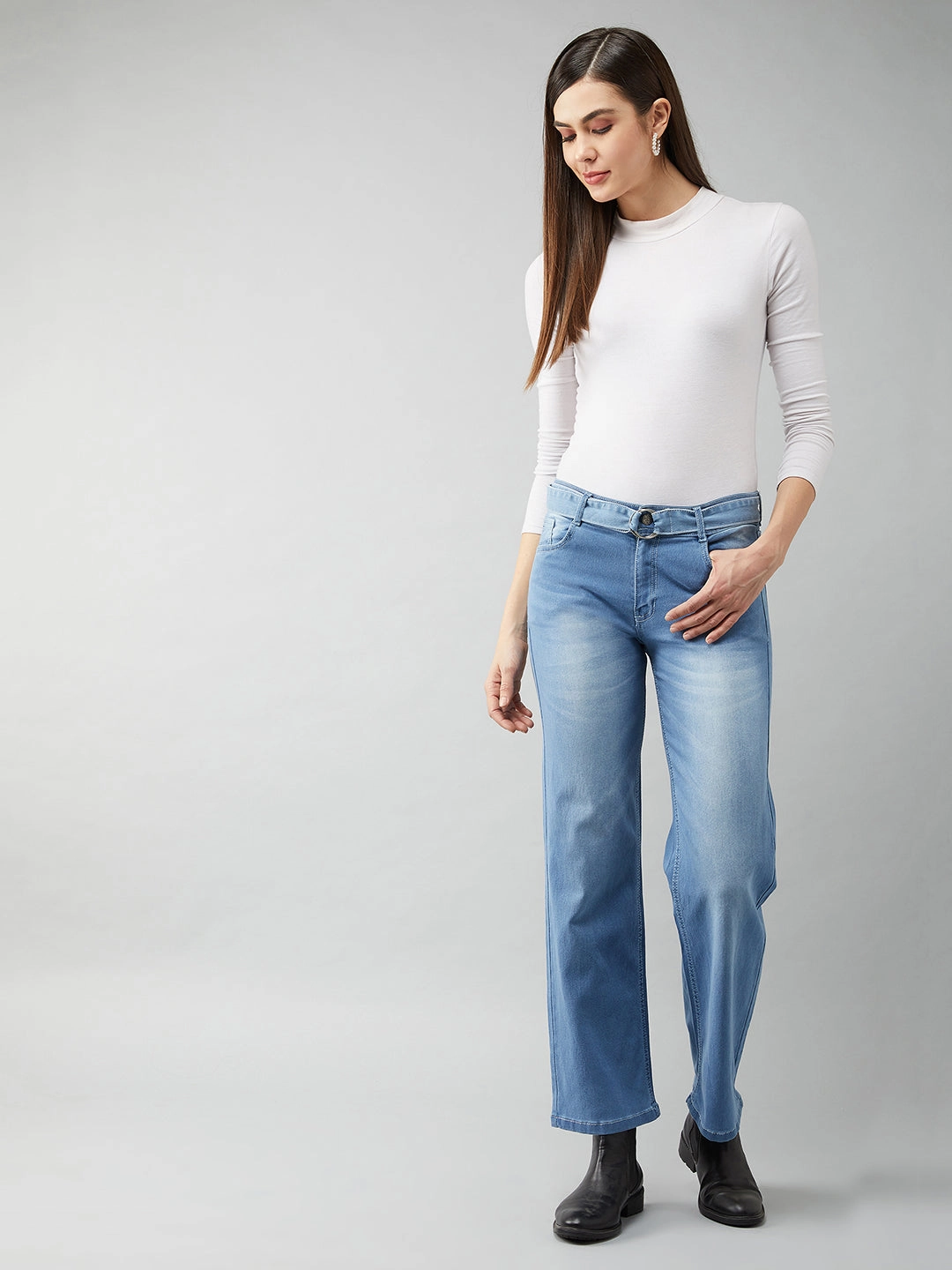 24/7 Comfort Blue Cotton Wide-Leg Relaxed Mid-Rise Stretchable Denim Jeans City Walk Weekend Warrior