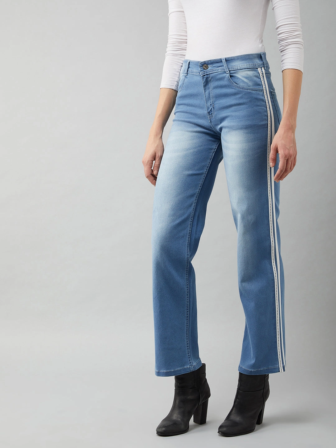 24/7 Comfort Blue Cotton Wide-Leg Relaxed Mid-Rise Stretchable Denim Jeans Daily Fit Breathable Lining