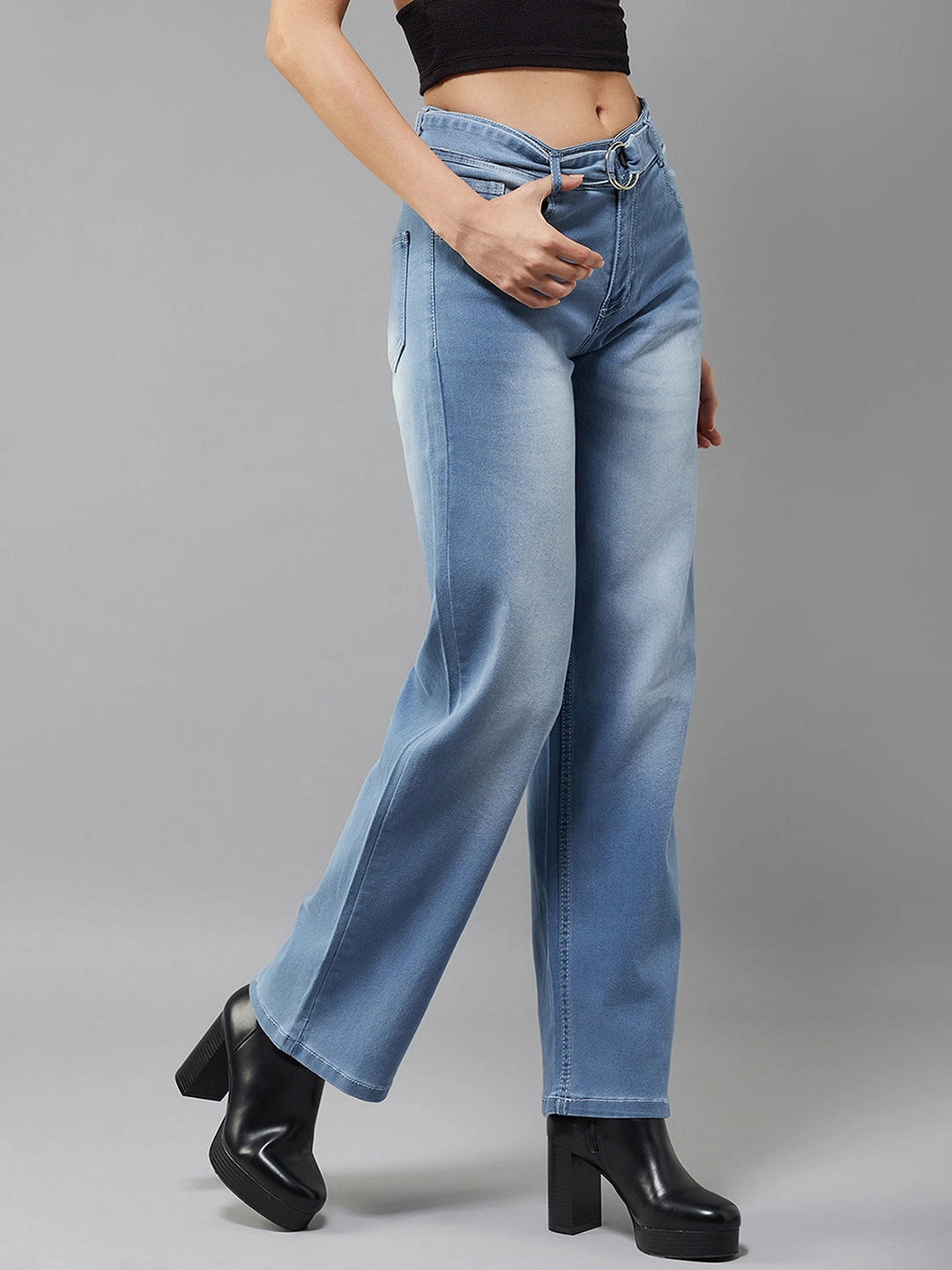 24/7 Comfort Blue Cotton Wide-Leg Relaxed Mid-Rise Stretchable Denim Jeans Family Style Parent Style Smart Casual