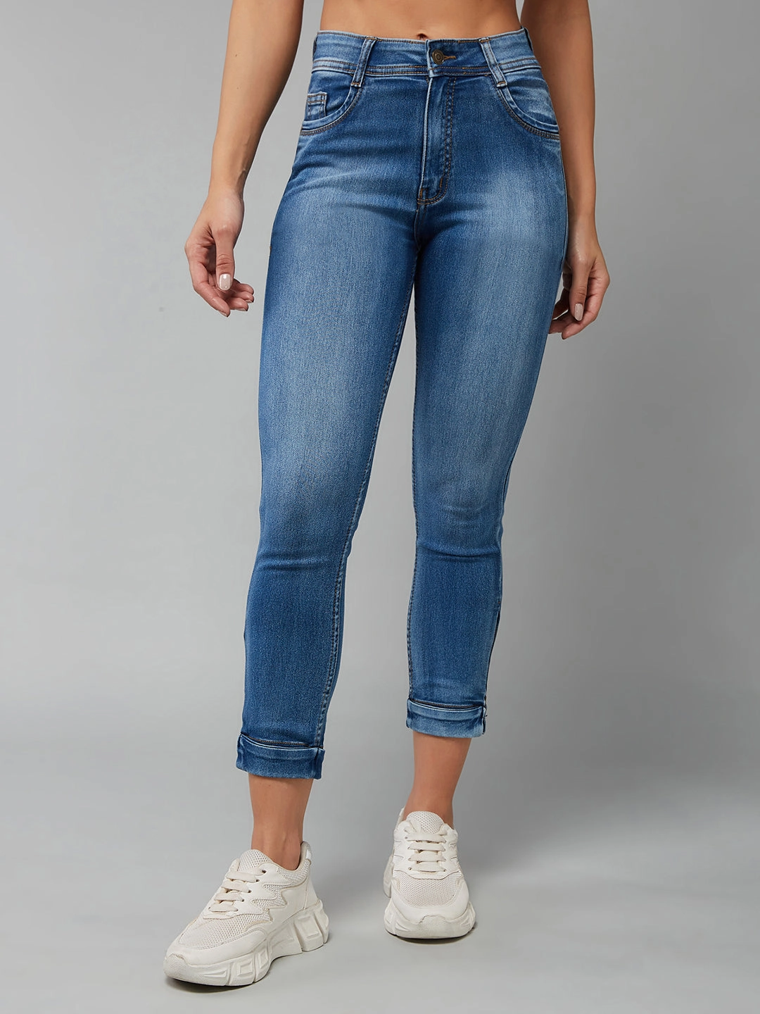 24/7 Comfort Blue Skinny-Fit High-Rise Ankle Length Acid Wash Blast Effect Stretchable Denim Jeans High Waist