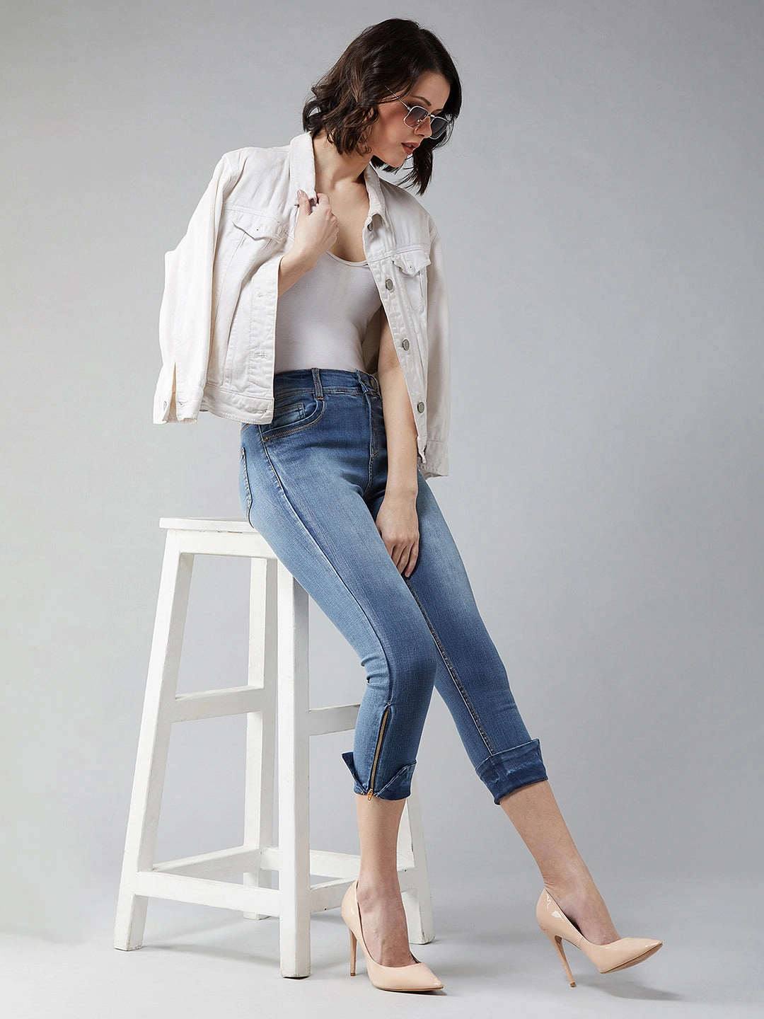 Relaxed Taper 24/7 Comfort Blue Skinny-Fit High-Rise Ankle Length Acid Wash Blast Effect Stretchable Denim Jeans