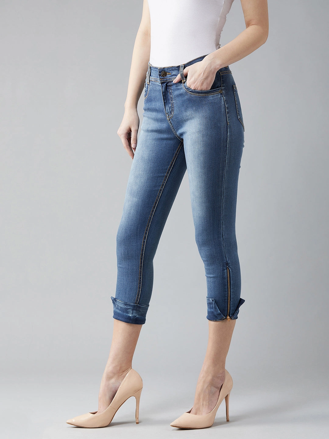 24/7 Comfort Blue Skinny-Fit High-Rise Ankle Length Acid Wash Blast Effect Stretchable Denim Jeans Festival Outfit Minimalist Style Chic Fit