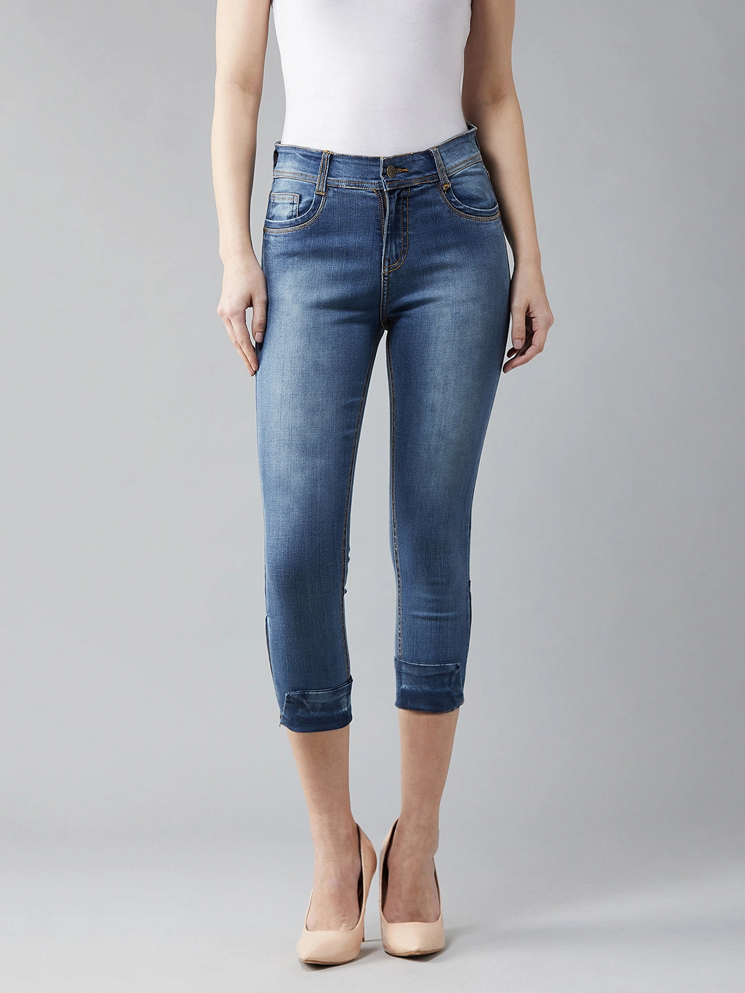 Stay Stylish Weekend Warrior Adult Fashion Gym Ready 24/7 Comfort Blue Skinny-Fit High-Rise Ankle Length Acid Wash Blast Effect Stretchable Denim Jeans