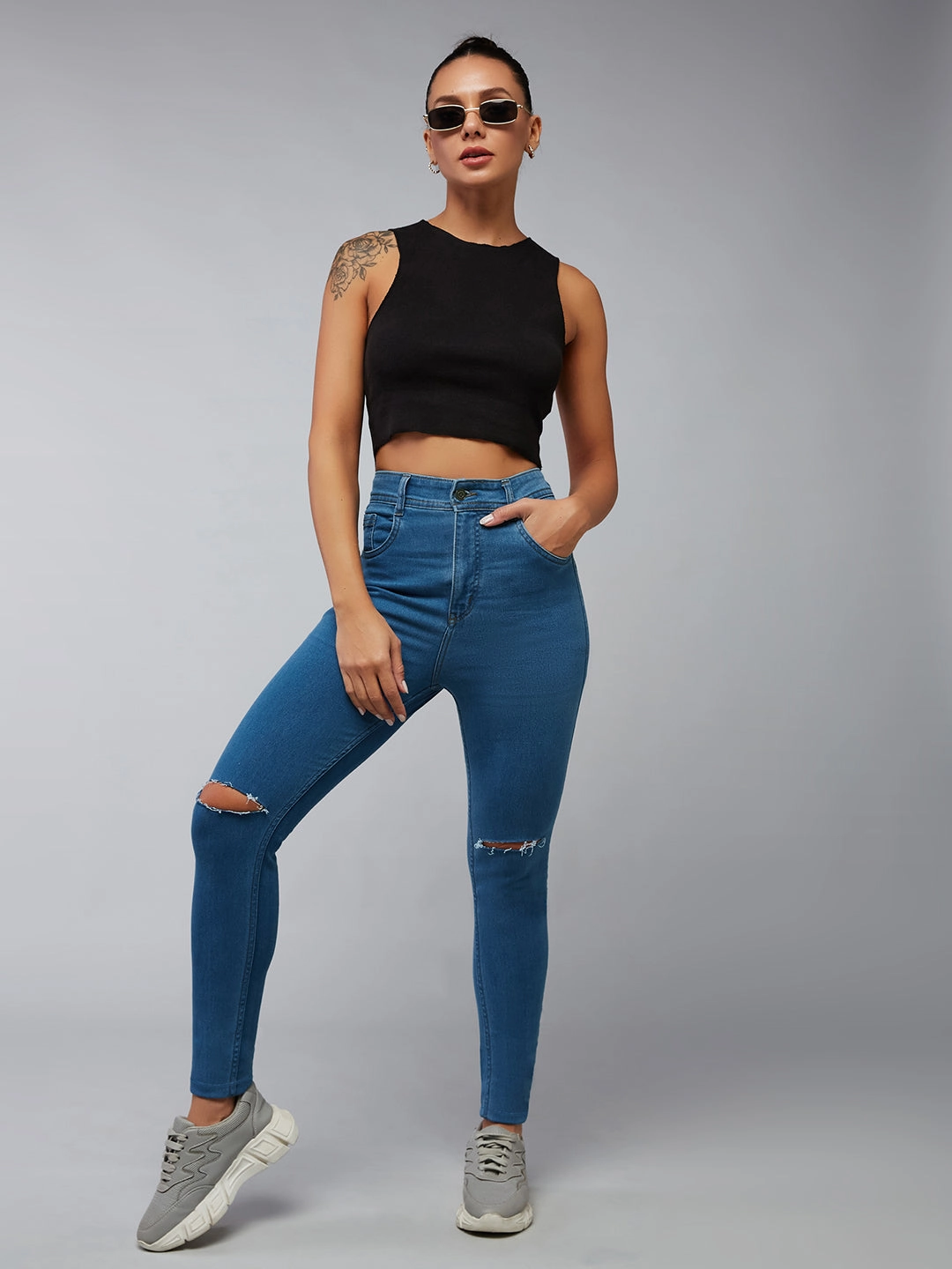 24/7 Comfort Blue Skinny-Fit High-Rise Midly-Distressed Stretchable Denim Jeans All Season Style