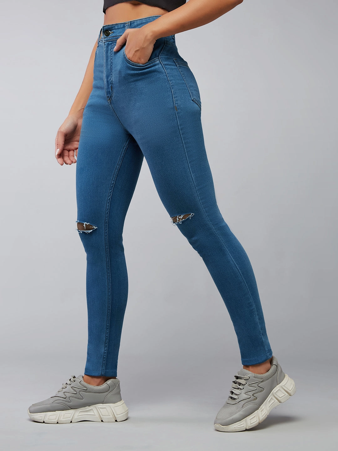 Parent Style Evening Stroll Festival Outfit 24/7 Comfort Blue Skinny-Fit High-Rise Midly-Distressed Stretchable Denim Jeans
