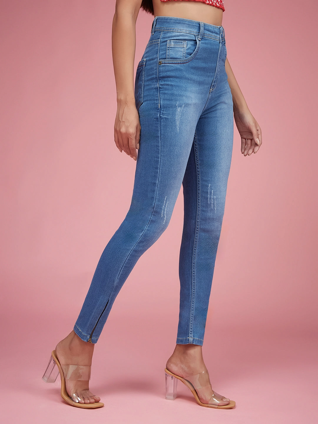 24/7 Comfort Blue Skinny-Fit High-Rise Zipper Detailing Stretchable Denim Jeans Daily Go-To