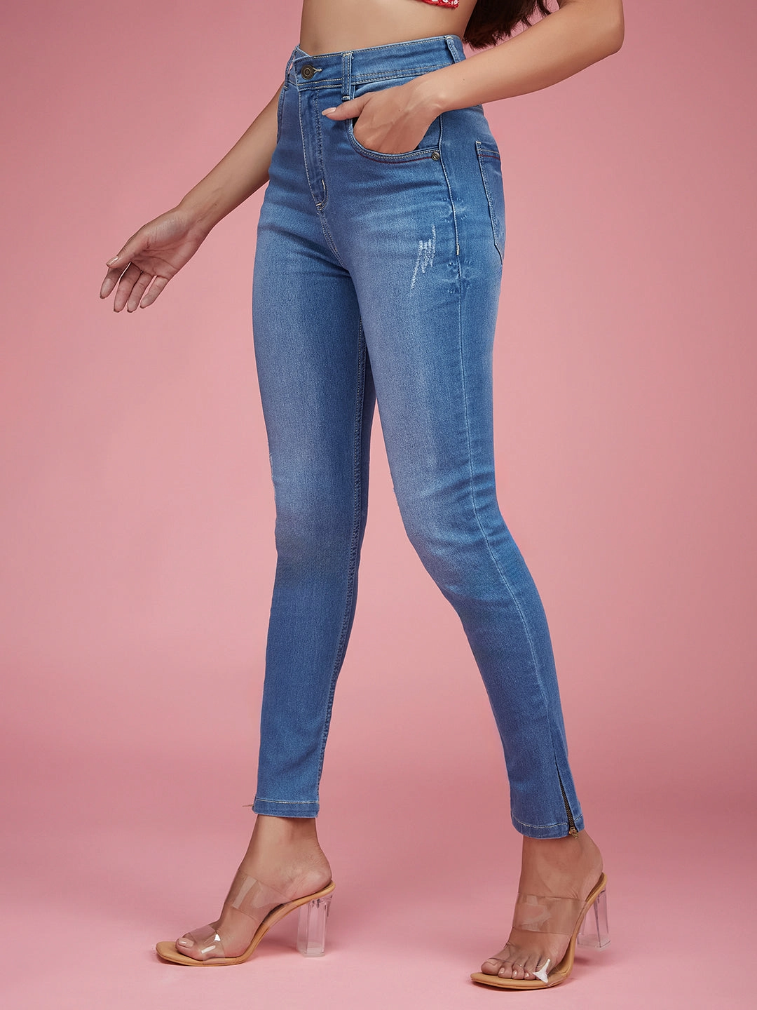 Classic Style Casual Solution 24/7 Comfort Blue Skinny-Fit High-Rise Zipper Detailing Stretchable Denim Jeans