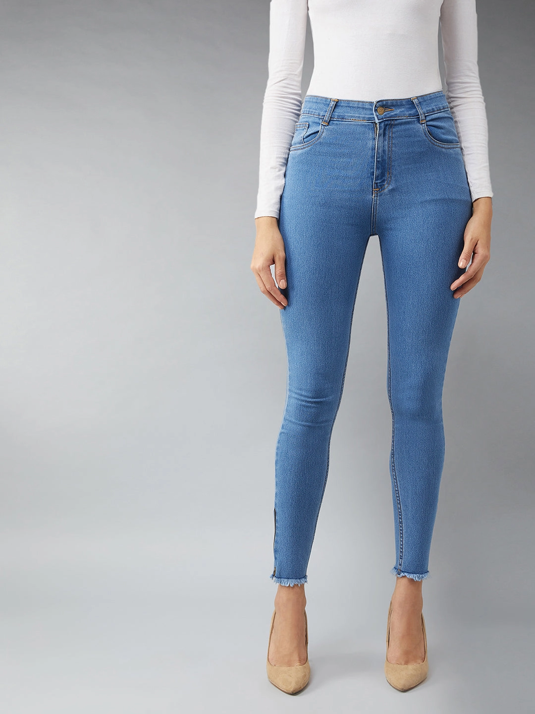 Street Appeal Fresh Attire 24/7 Comfort Blue Skinny High-Rise Clean-Look Fringe And Side Zipper Detailing Cropped Denim Jeans