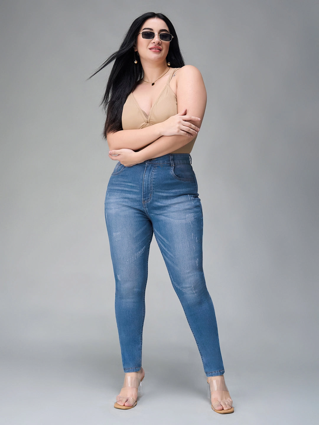 24/7 Comfort Blue Skinny High-Rise Mild Distress Stretchable Denim Jeans Stretch Fabric Timeless Option