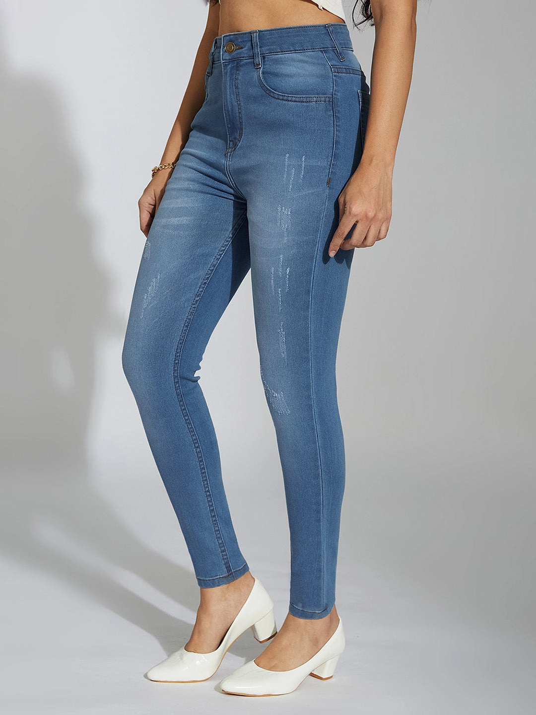 24/7 Comfort Blue Skinny High-Rise Mild Distress Stretchable Denim Jeans Daily Casual Fitted Comfort