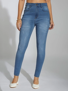 24/7 Comfort Blue Skinny High-Rise Mild Distress Stretchable Denim Jeans Elegant Vibrant Textured Work Ready Neutral