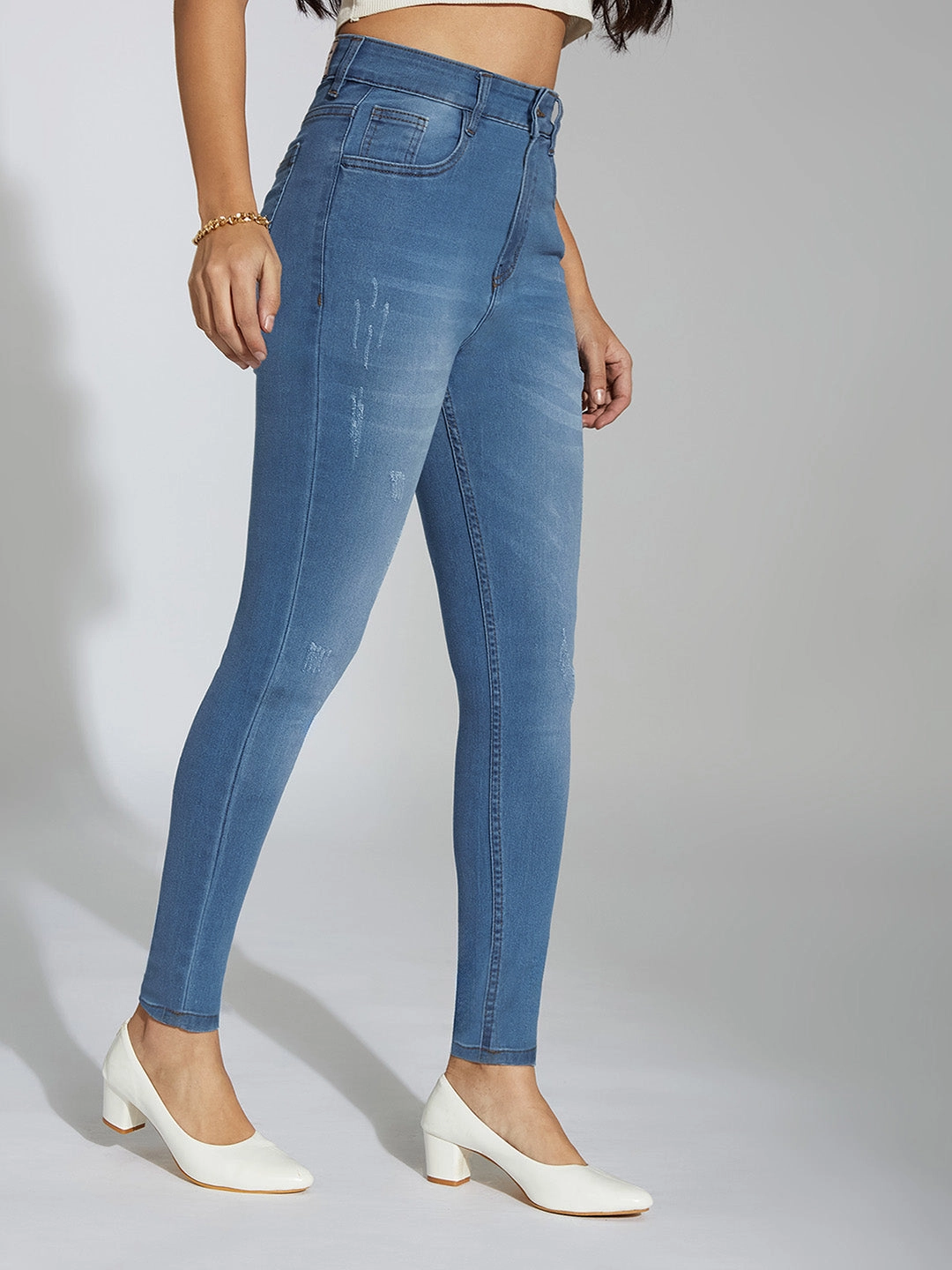 24/7 Comfort Blue Skinny High-Rise Mild Distress Stretchable Denim Jeans Natural Style