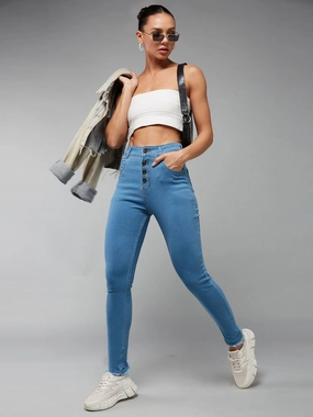 Clean Fashion Clean Style 24/7 Comfort Blue Skinny Solid High-Rise Cropped Fringed Hemline Detailing Stretchable Denim Jeans