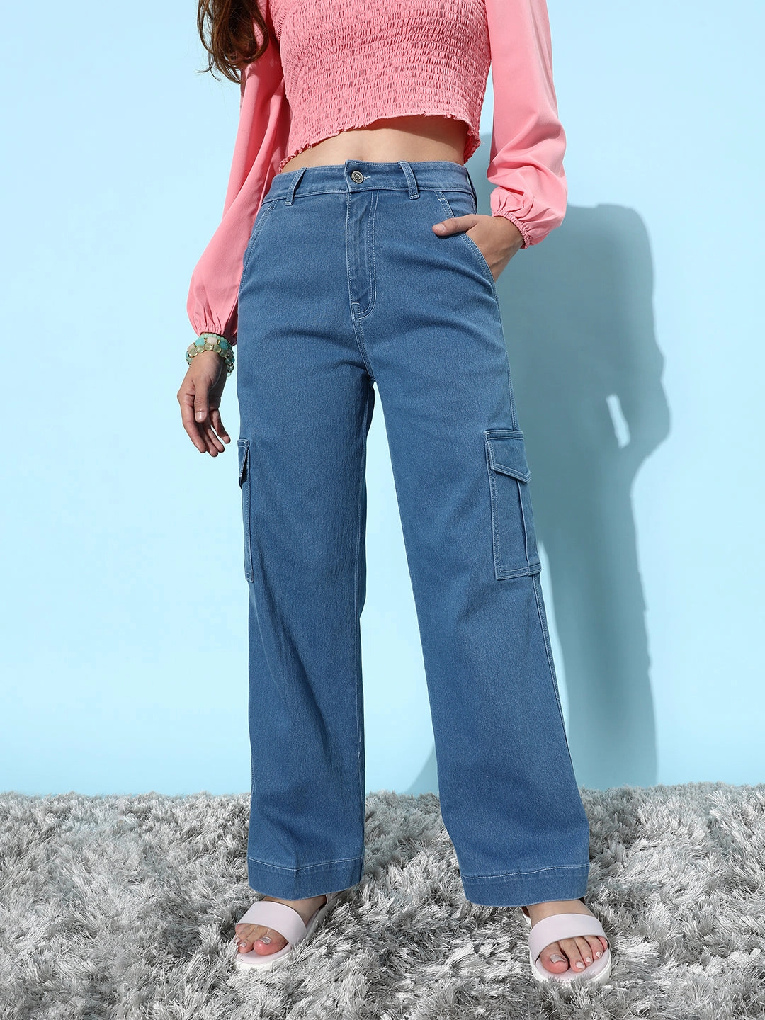 24/7 Comfort Blue Wide-Leg Cargo High-Rise Clean-Look Regular Stretchable Denim Jeans Lightweight Material