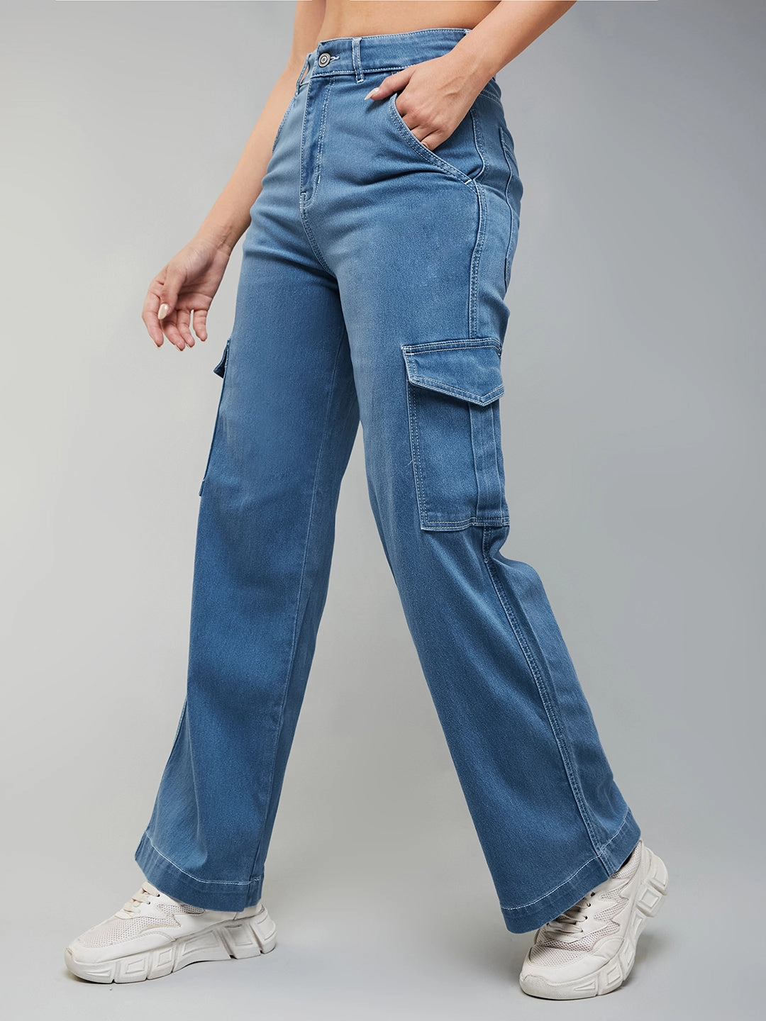 24/7 Comfort Blue Wide-Leg Cargo High-Rise Clean-Look Regular Stretchable Denim Jeans Layer game
