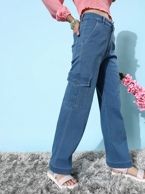 Abrasion Resistance Spring Mood Office Wear Minimalist 24/7 Comfort Blue Wide-Leg Cargo High-Rise Clean-Look Regular Stretchable Denim Jeans