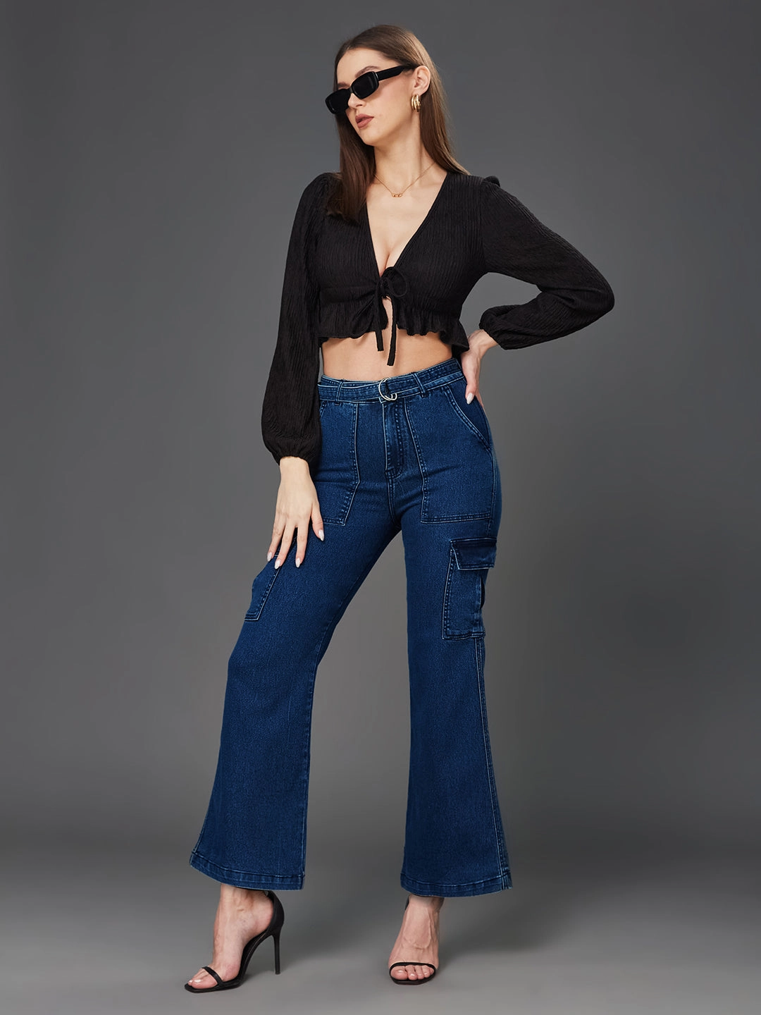 24/7 Comfort Blue Wide-Leg High-Rise Cargo Denim Jeans Night Out City Walk Minimalist