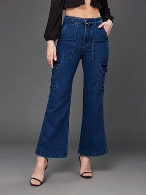 24/7 Comfort Blue Wide-Leg High-Rise Cargo Denim Jeans Functional Style