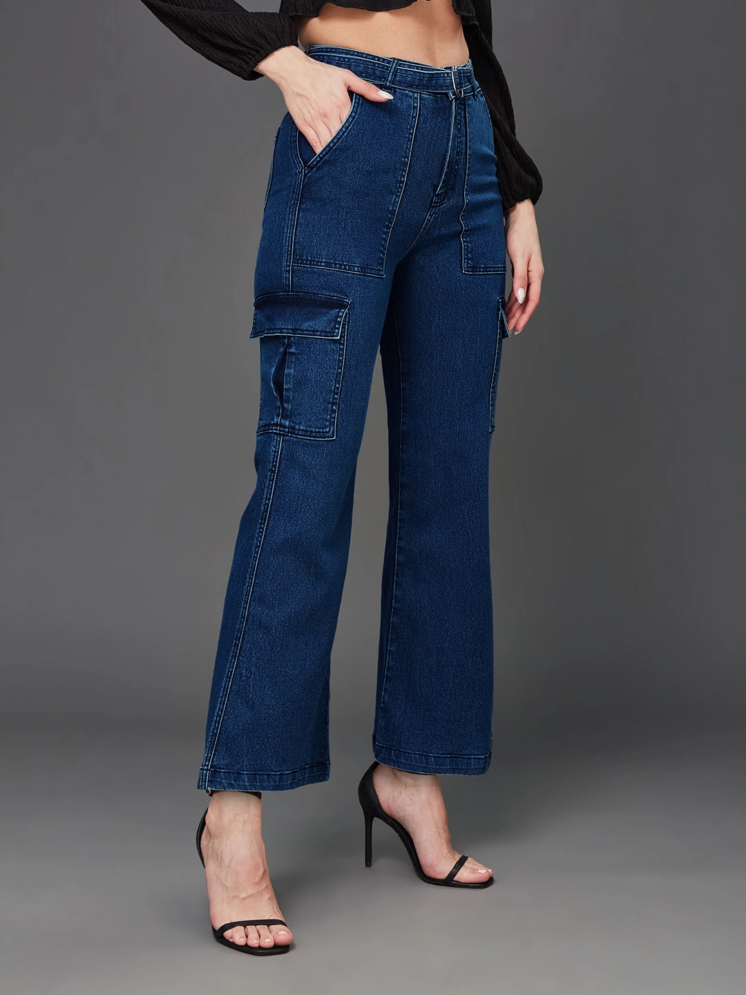 24/7 Comfort Blue Wide-Leg High-Rise Cargo Denim Jeans Office Wear Couple Look Work Ready