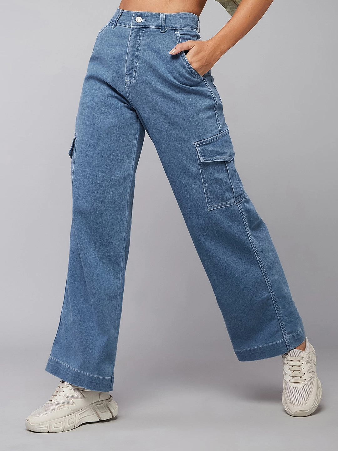 24/7 Comfort Blue Wide-Leg High-Rise Cargo Regular Stretchable Denim Jeans Non Toxic Textile Certified
