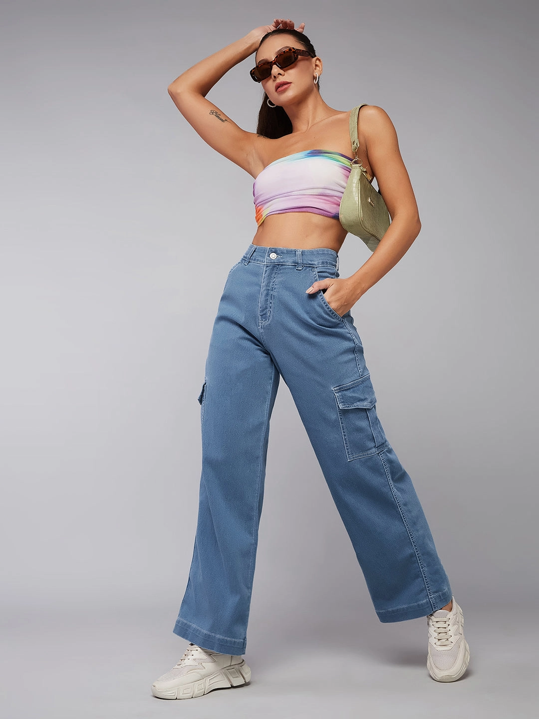 All Around Casual Vibe 24/7 Comfort Blue Wide-Leg High-Rise Cargo Regular Stretchable Denim Jeans