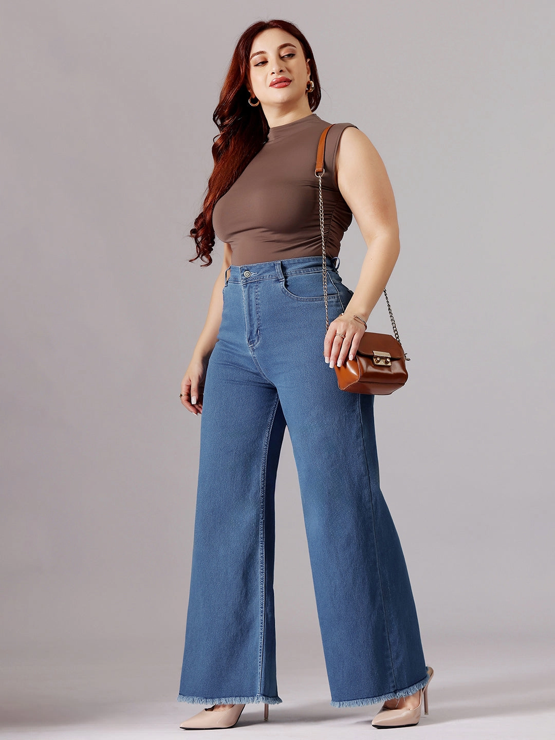 24/7 Comfort Blue Wide-Leg High-Rise Clean-Look Regular-Length Stretchable Denim Jeans Timeless Match Lightweight Feel