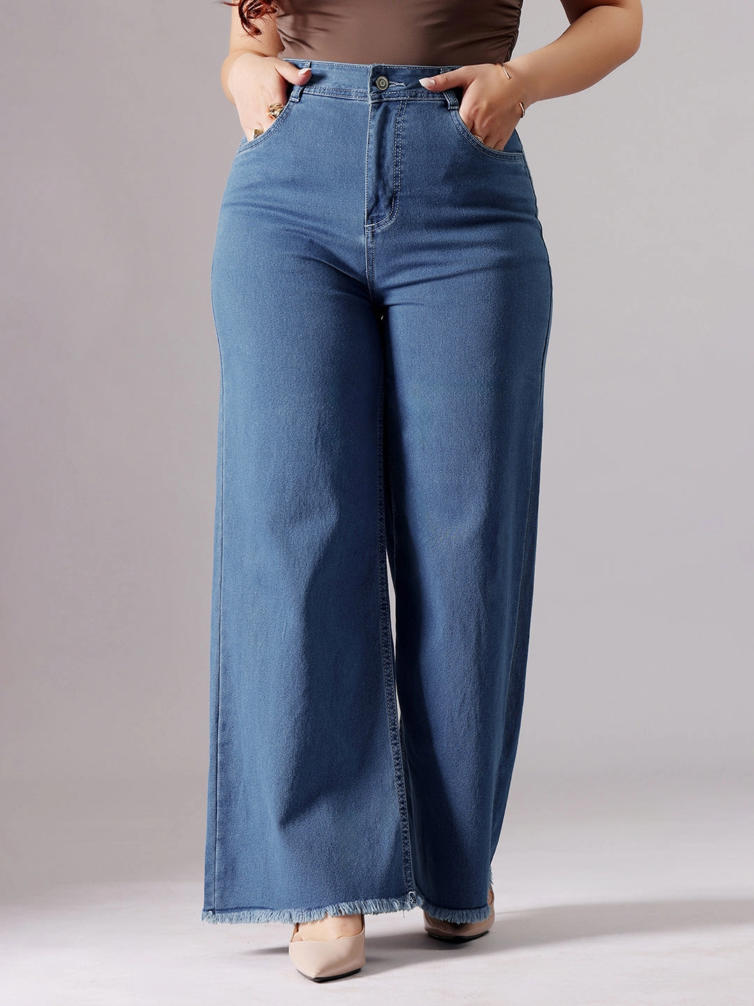 24/7 Comfort Blue Wide-Leg High-Rise Clean-Look Regular-Length Stretchable Denim Jeans Functional Casual