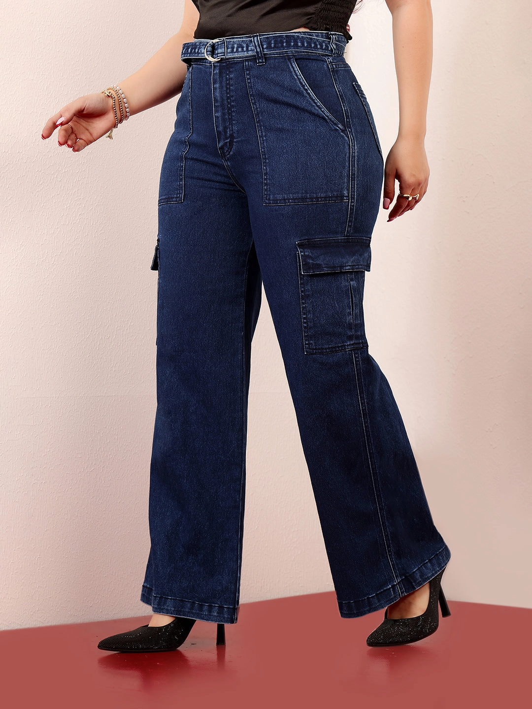 Eco Friendly Dye Process City Walk Smooth 24/7 Comfort Blue Wide-Leg High-Rise Clean-Look Stretchable Cargo Denim Jeans