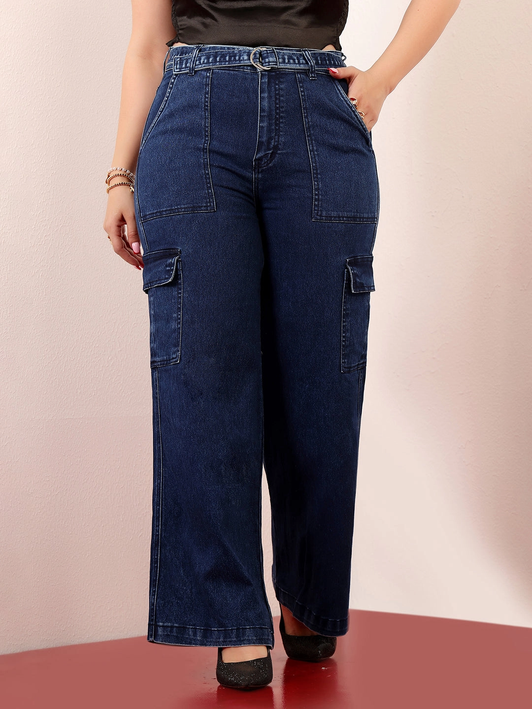 Reliable Choice 24/7 Comfort Blue Wide-Leg High-Rise Clean-Look Stretchable Cargo Denim Jeans