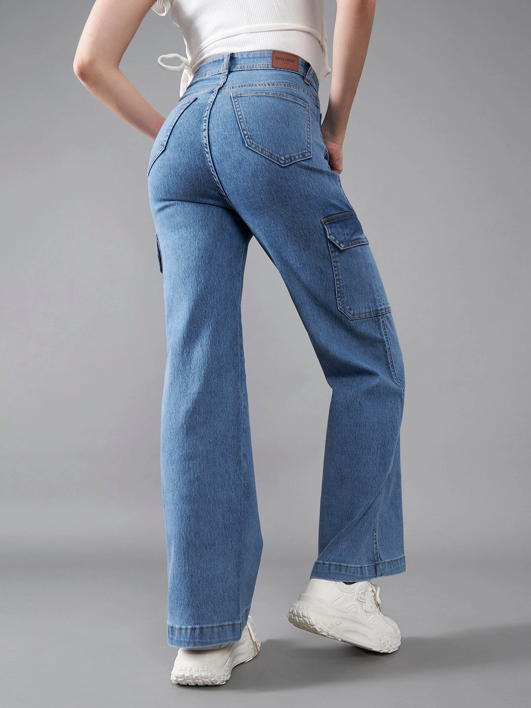 Perfect For Daily Casual Movement 24/7 Comfort Blue Wide-Leg High-Rise Mildly Distressed Regular Length Stretchable Cargo Denim Jeans