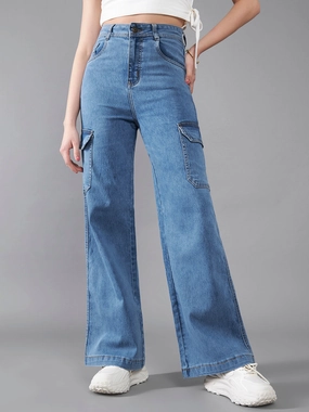 Modern Minimalist Stretch 24/7 Comfort Blue Wide-Leg High-Rise Mildly Distressed Regular Length Stretchable Cargo Denim Jeans