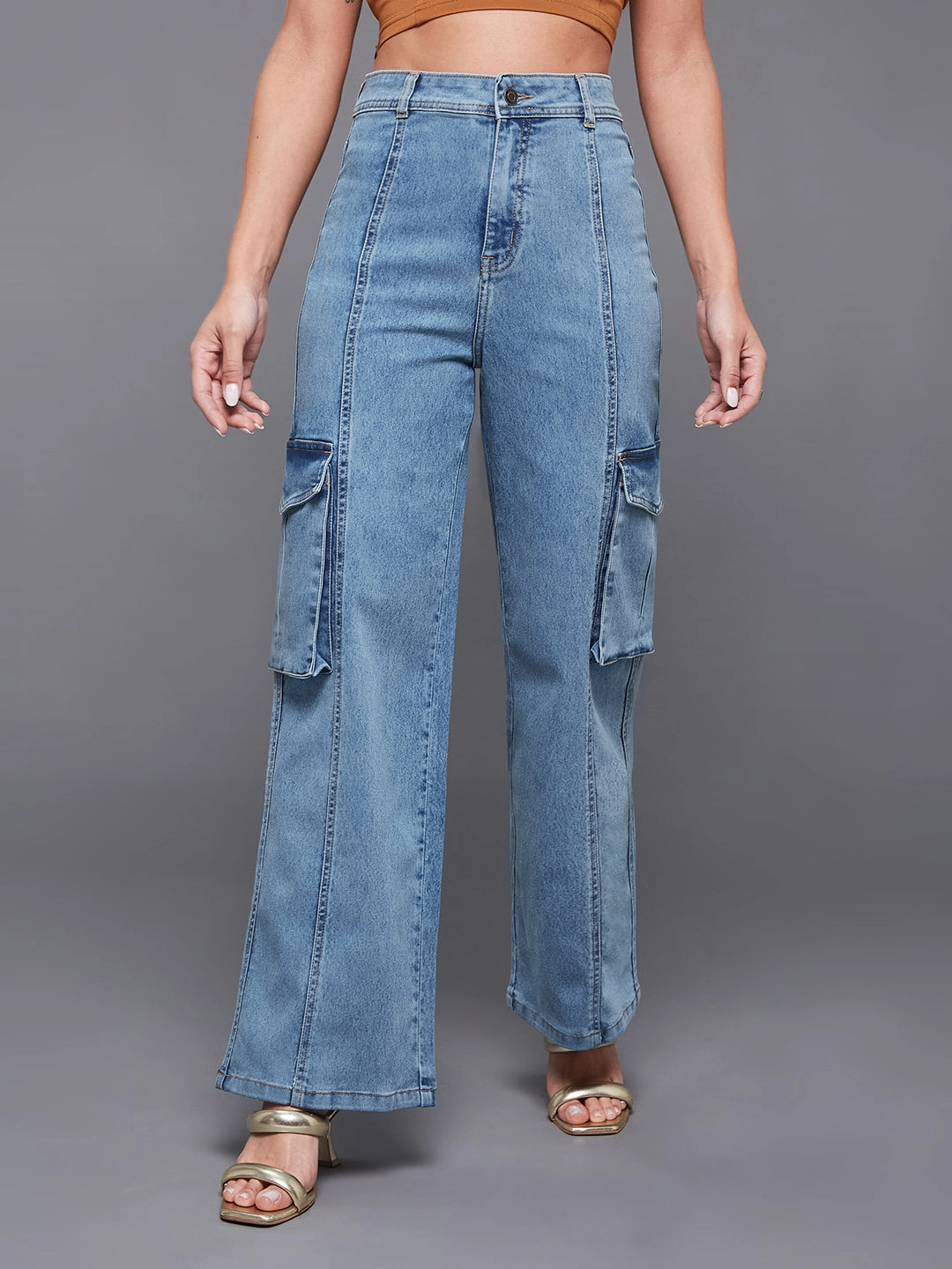 Chic Wear 24/7 Comfort Blue Wide-Leg High-Rise Stretchable Cargo Denim Jeans