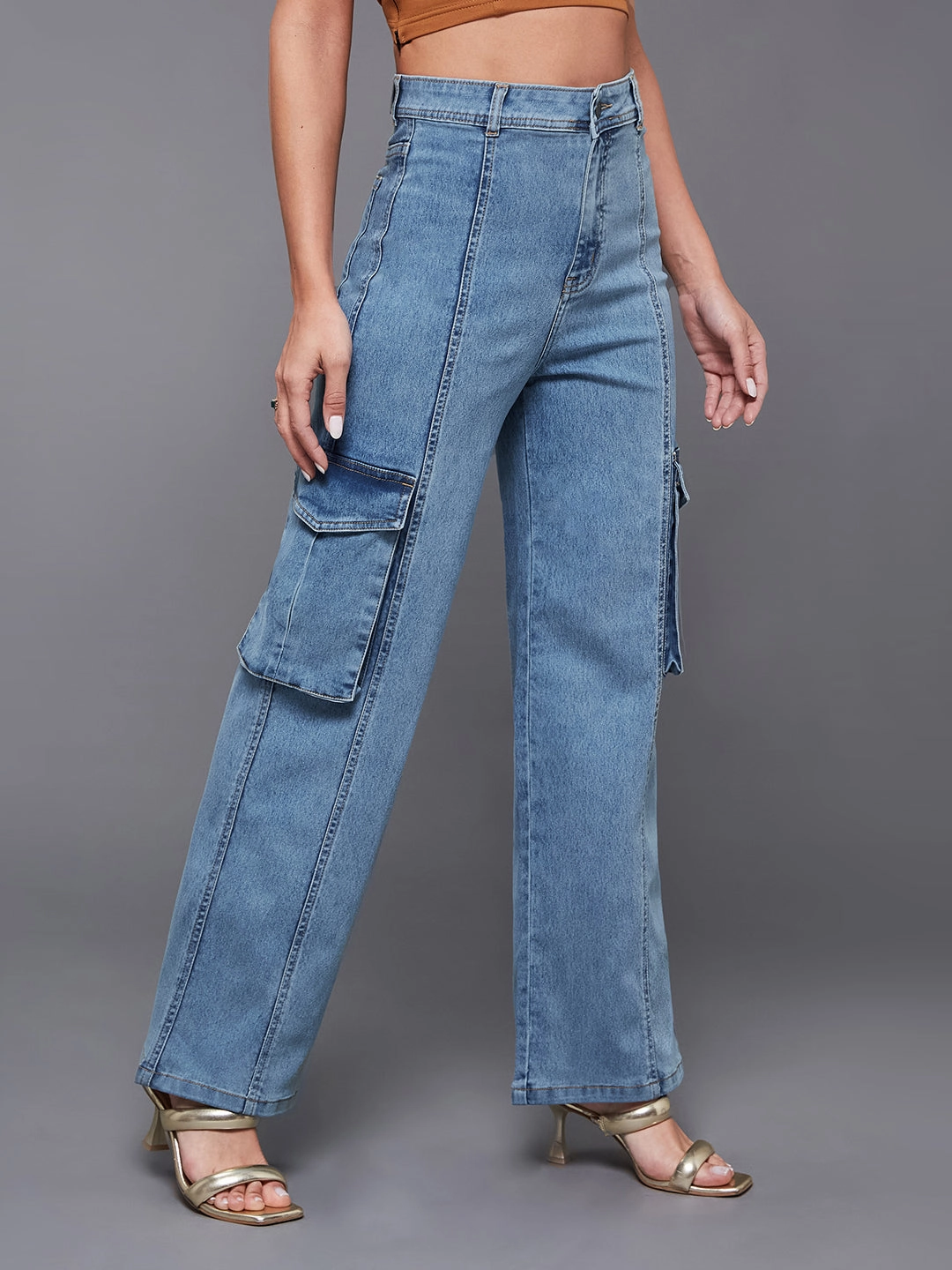 24/7 Comfort Blue Wide-Leg High-Rise Stretchable Cargo Denim Jeans Casual Musthave Beach Day Minimalist Style Youth Style