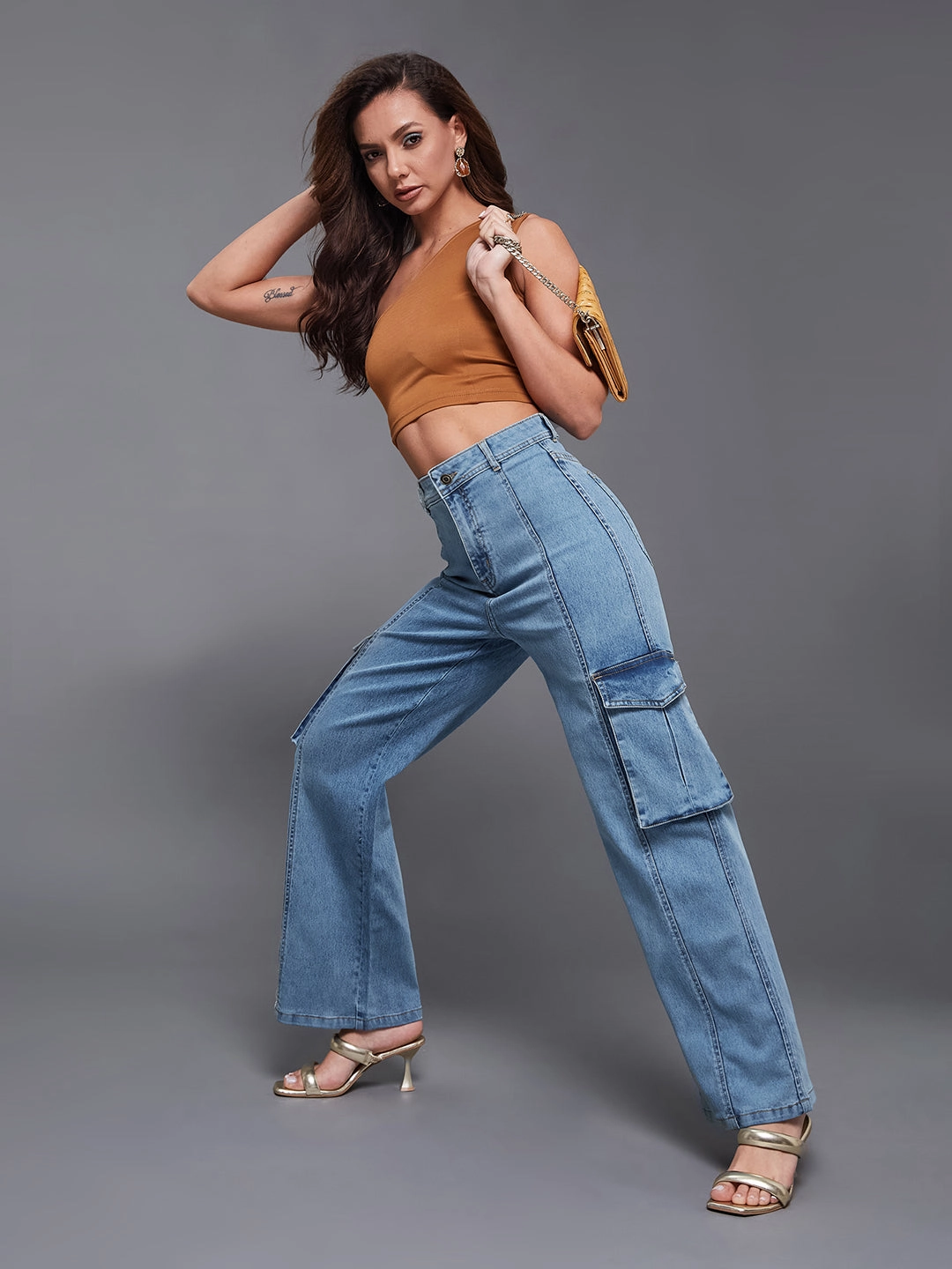 24/7 Comfort Blue Wide-Leg High-Rise Stretchable Cargo Denim Jeans All Size Fit Easy Match