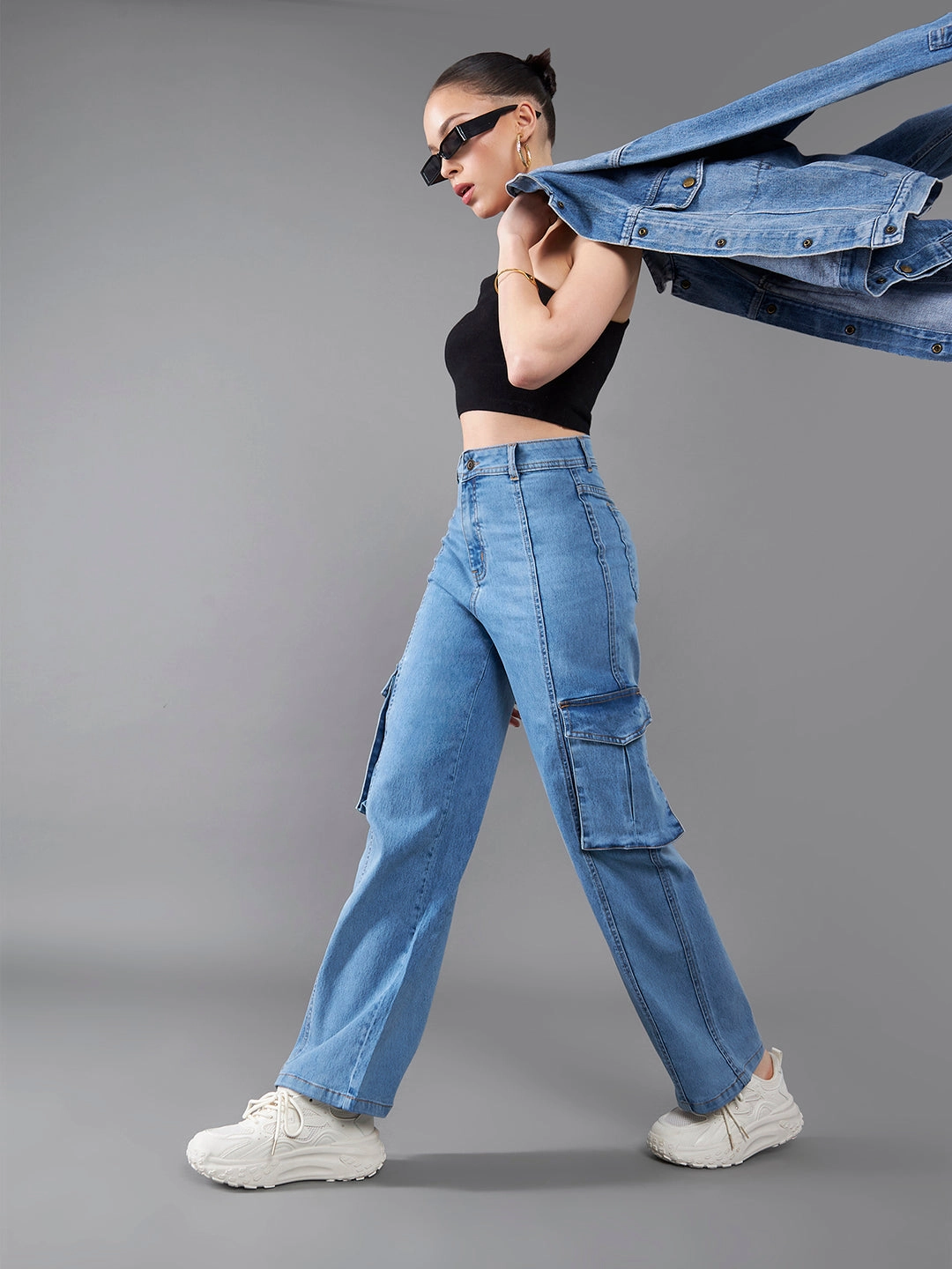 24/7 Comfort Blue Wide-Leg High-Rise Stretchable Cargo Denim Jeans Smart Casual Spring Mood Formal Comfy Streetwear Fan Music Event