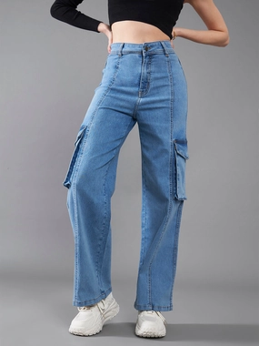 24/7 Comfort Blue Wide-Leg High-Rise Stretchable Cargo Denim Jeans Active Wear