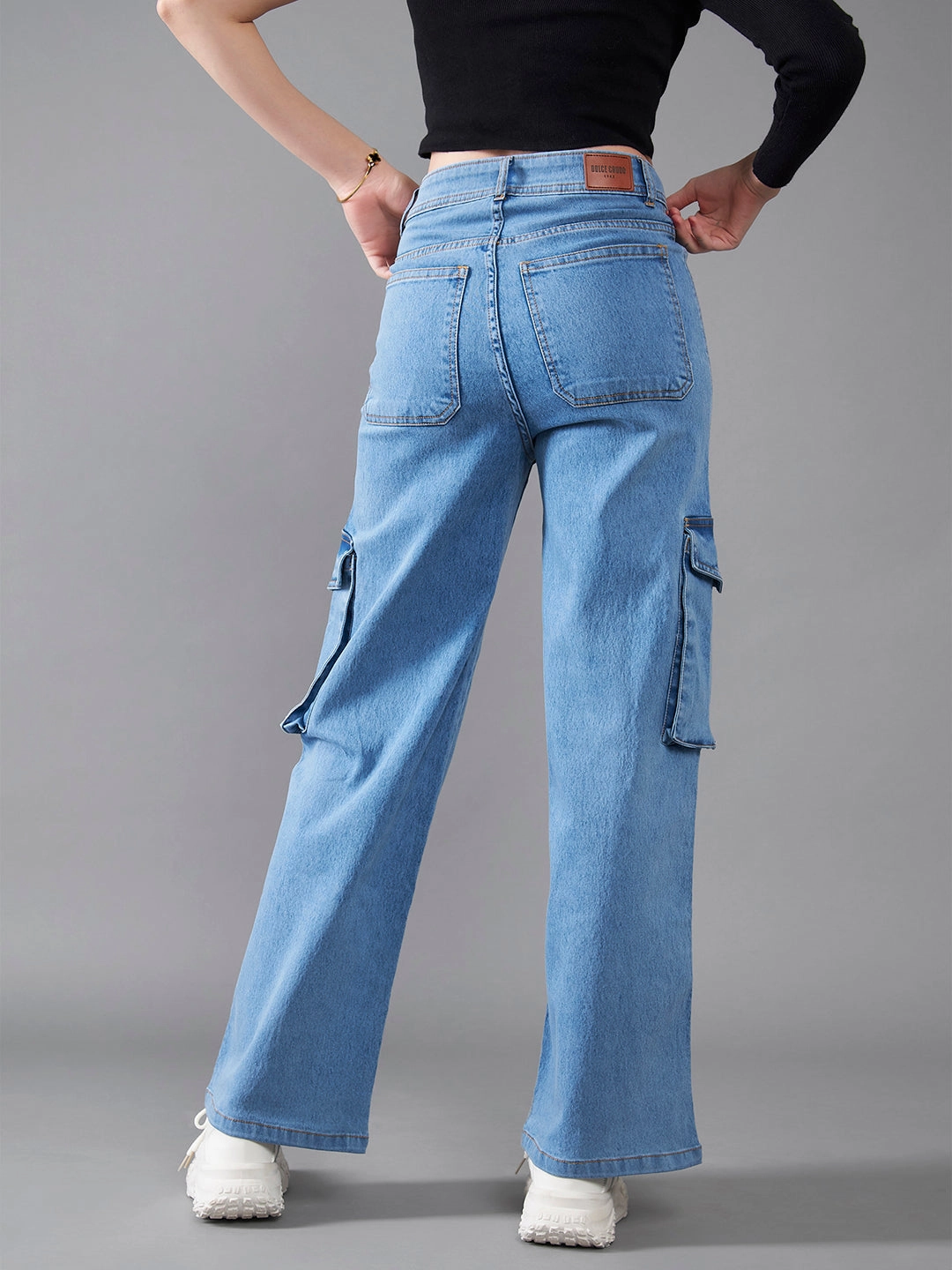 24/7 Comfort Blue Wide-Leg High-Rise Stretchable Cargo Denim Jeans Outdoor Adventure Stylish Family Style Gym Ready Evening Stroll