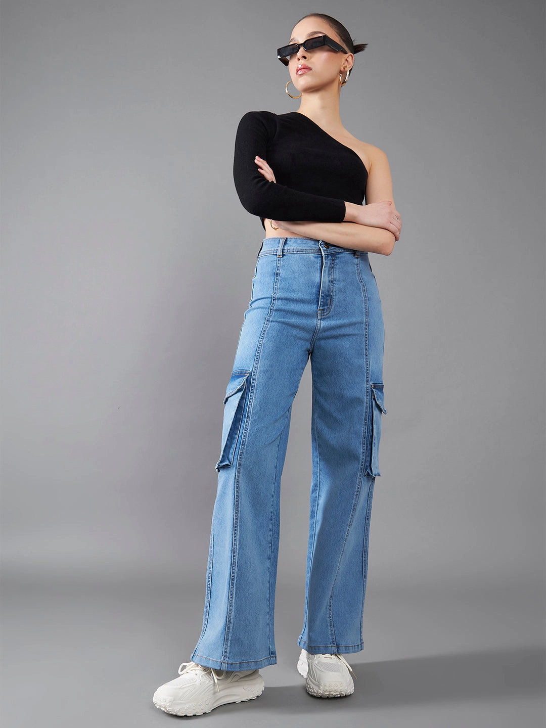 Weekend Style Casual Parent Style Road Trip Bold Look Smart Casual 24/7 Comfort Blue Wide-Leg High-Rise Stretchable Cargo Denim Jeans