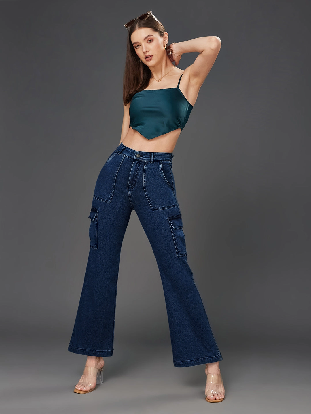 Picnic Style Creative Look Minimalist Style 24/7 Comfort Blue Wide-Leg High-Rise Stretchable Denim Cargo Jeans