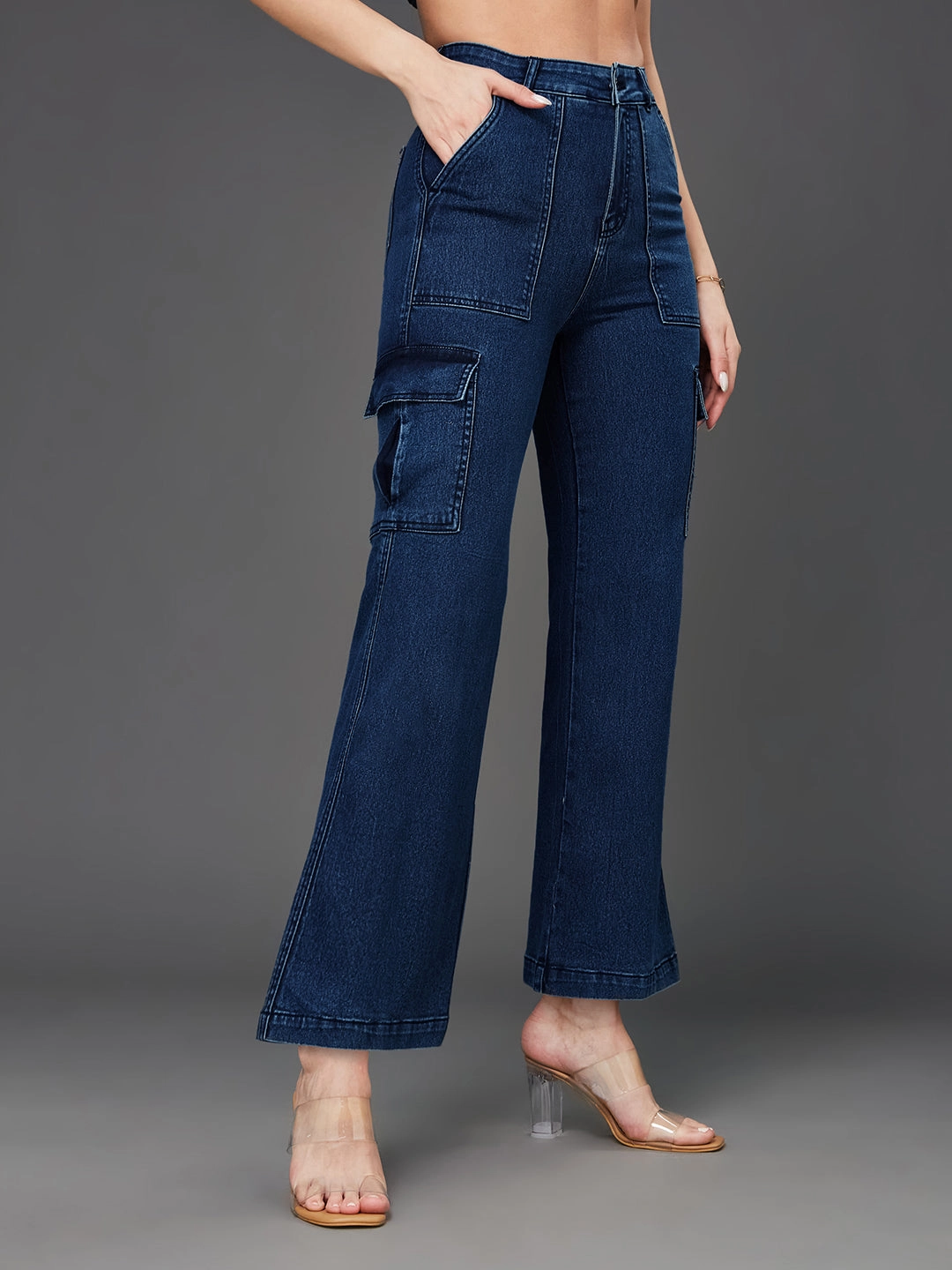 Urban Explorer Picnic Style 24/7 Comfort Blue Wide-Leg High-Rise Stretchable Denim Cargo Jeans