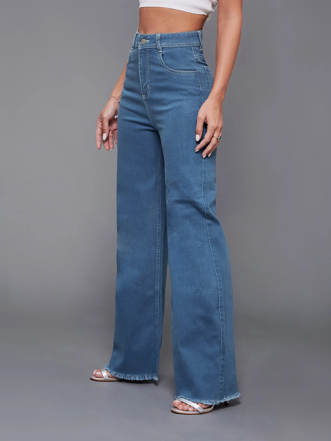 24/7 Comfort Blue Wide-Leg High-Rise Stretchable Denim Jeans High Waist