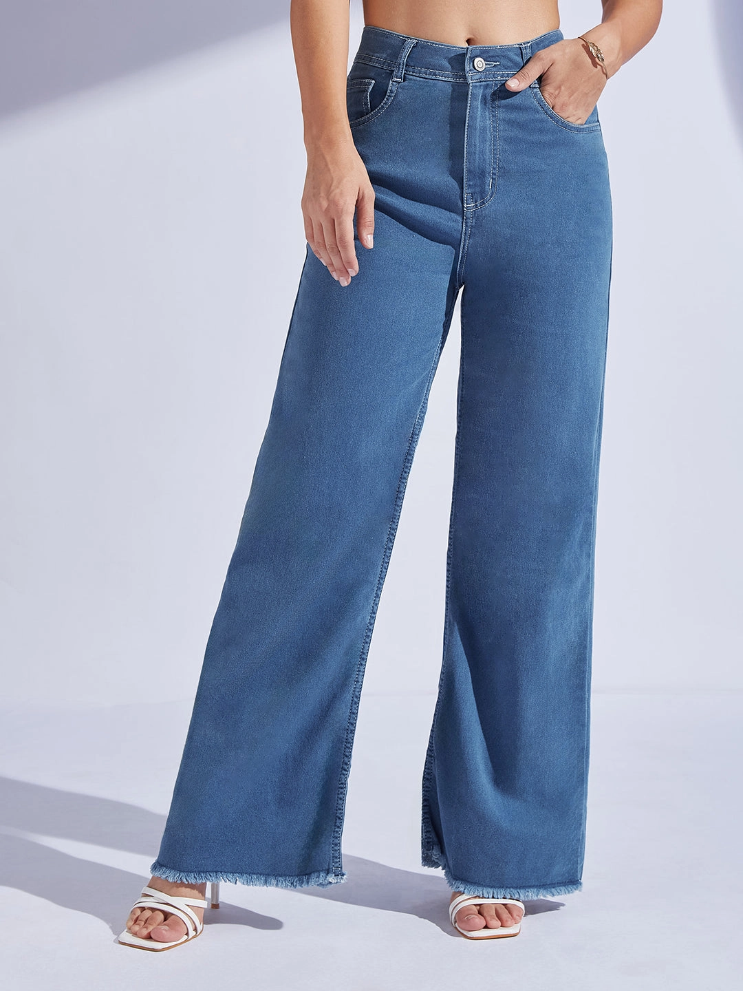 Soft Date Night Street Fashion Breathable Denim 24/7 Comfort Blue Wide-Leg High-Rise Stretchable Denim Jeans