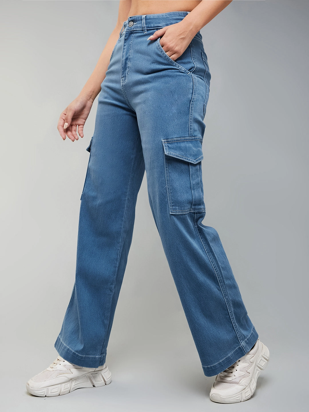 24/7 Comfort Blue Wide-Leg High-Rise Stretchable Denim Jeans Sunny Vibes Office Wear Stylish Vibrant