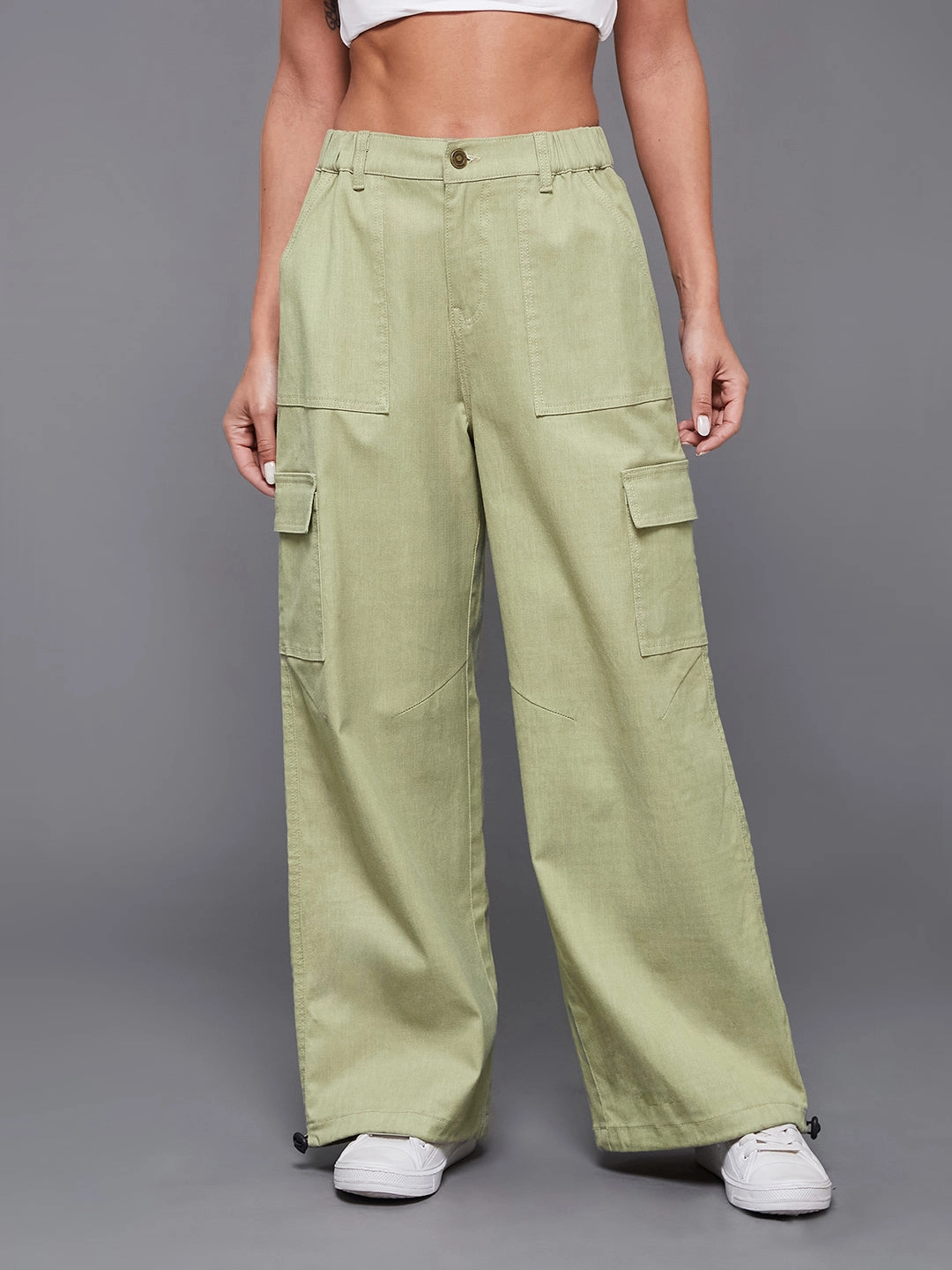 Wardrobe Classic 24/7 Comfort Cotton Olive Wide-Leg High-Rise Stretchable Denim Parachute Pant