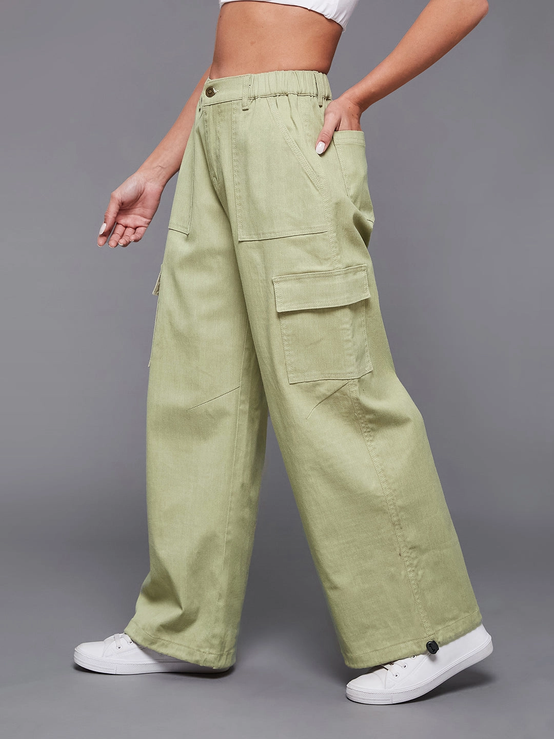 High Waist 24/7 Comfort Cotton Olive Wide-Leg High-Rise Stretchable Denim Parachute Pant